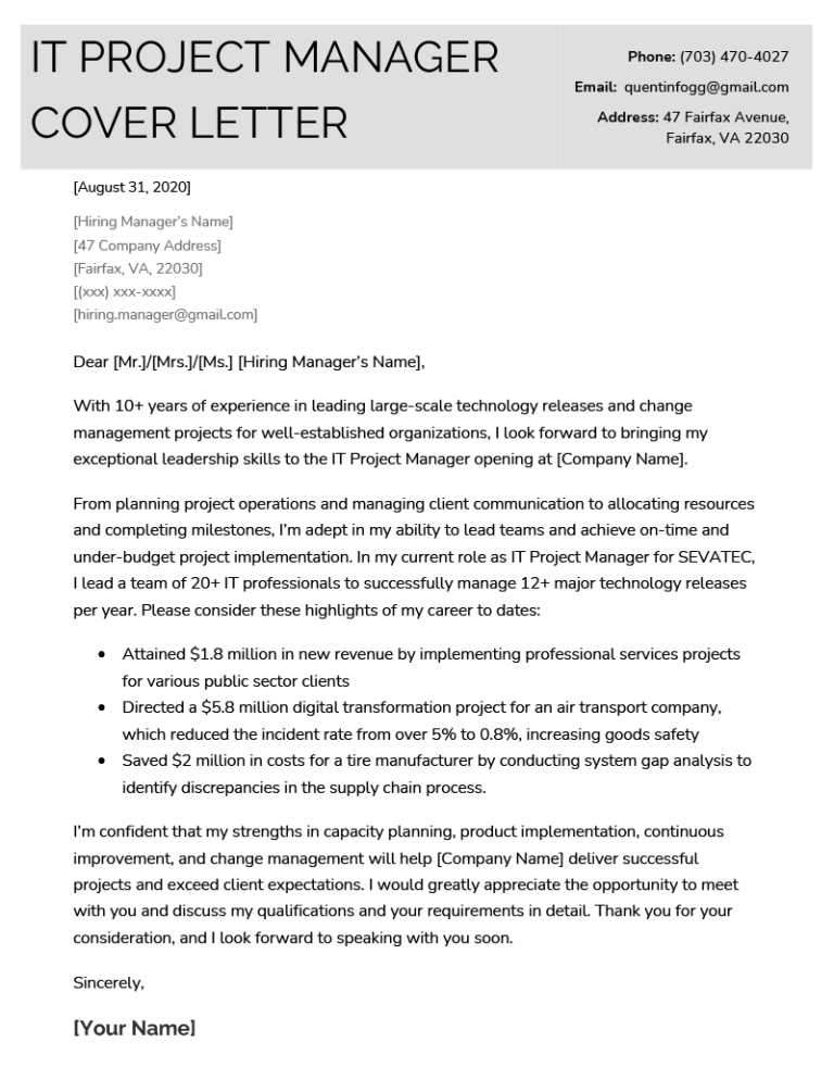 Information Technology Manager Cover Letter Template Example | Templateral