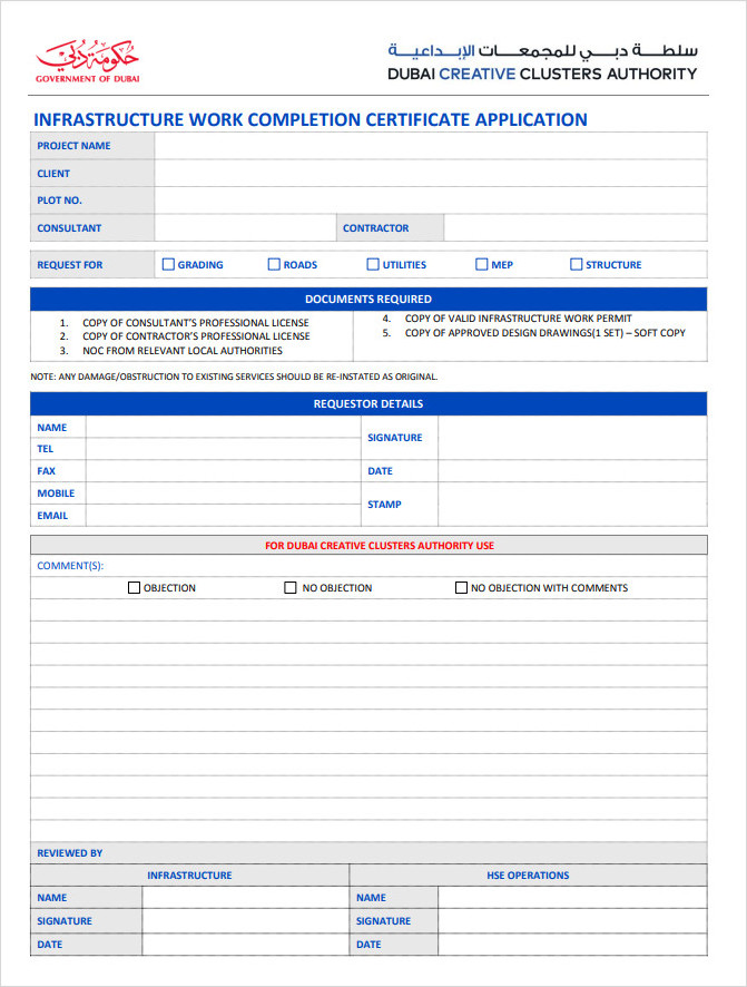 Infrastructure Works Completion Certificate Template