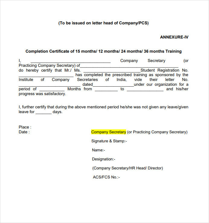 Internship Training Certificate Template