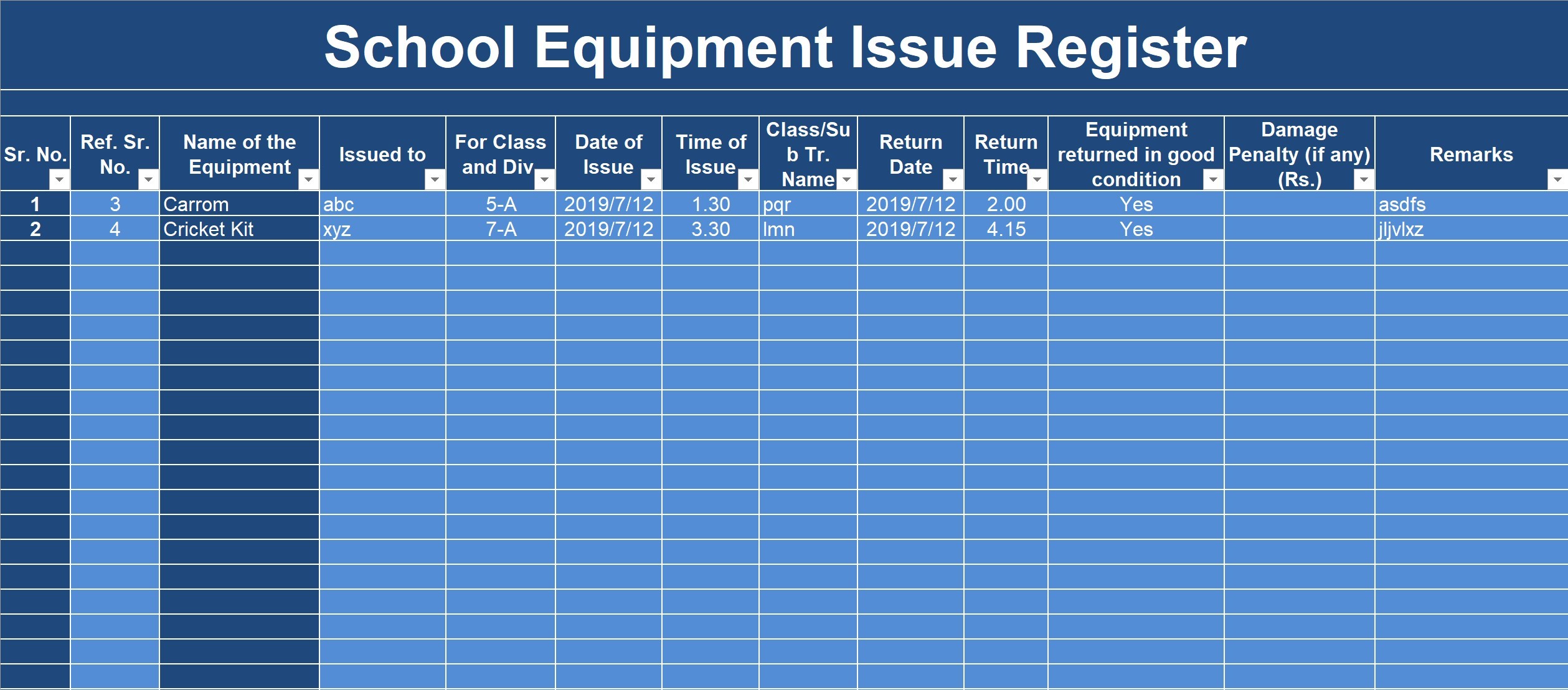 Inventory Entry Register Template Sample