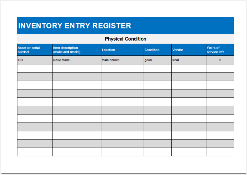 Inventory Entry Register Template