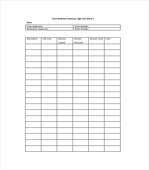 Inventory Sign out Sheet Template Example