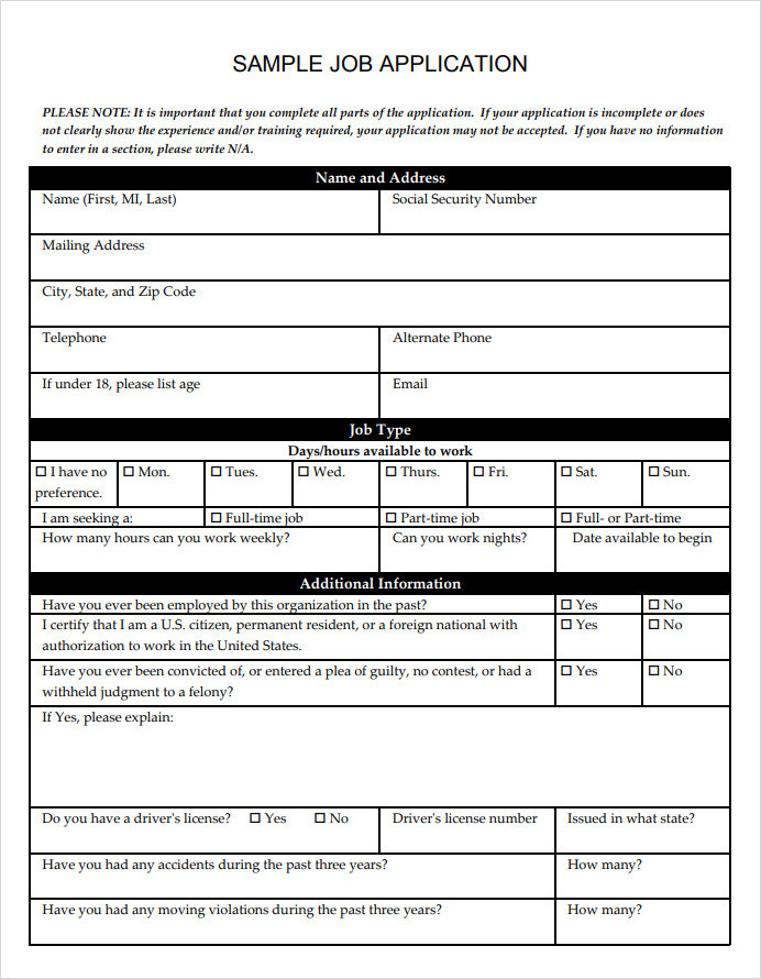 Job Employment Application Template