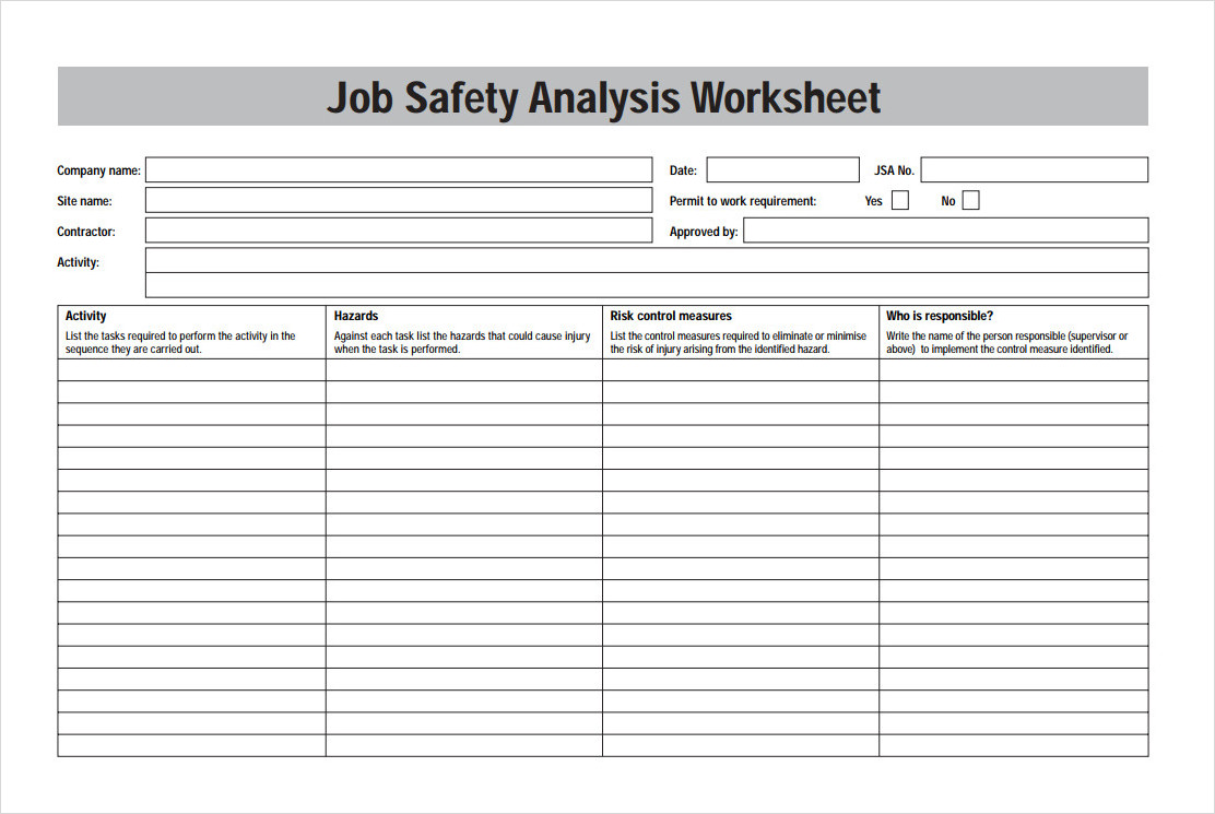 Job Safety Analysis Worksheet Template