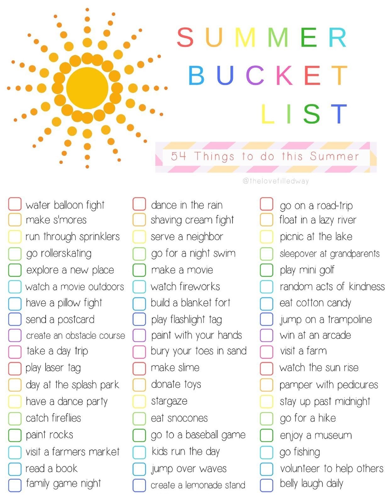 Kid's Summer Activities Checklist Template Sample