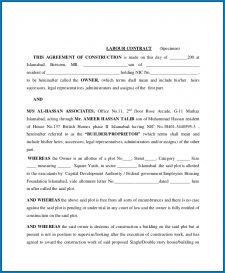 √ Free Labour Contract Agreement For Construction Of House