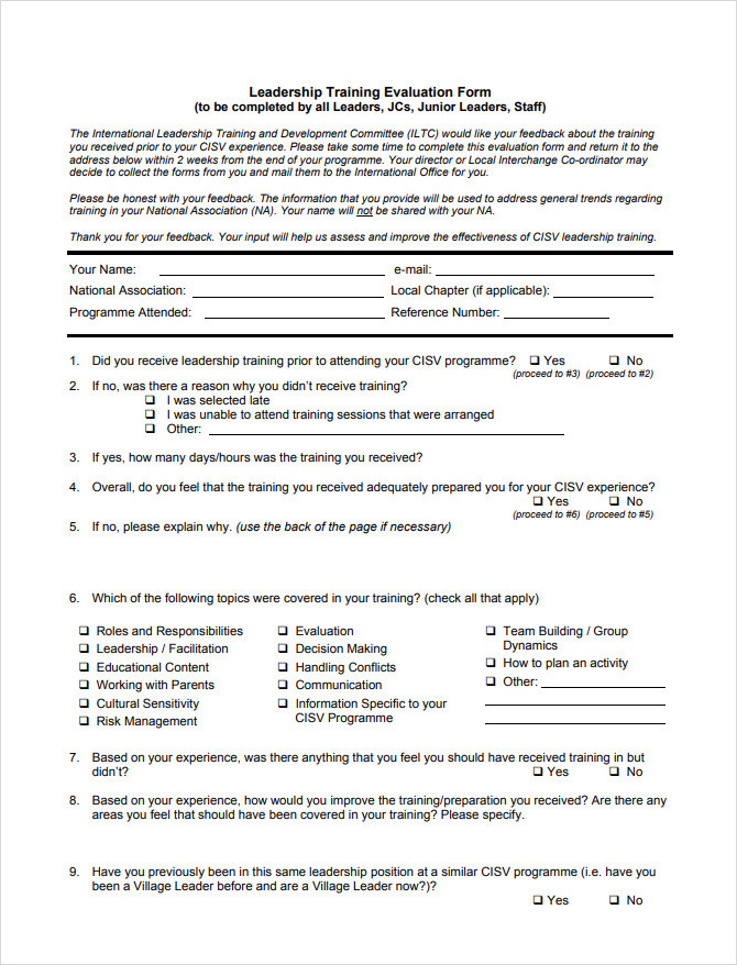 Leadership Training Evaluation Form