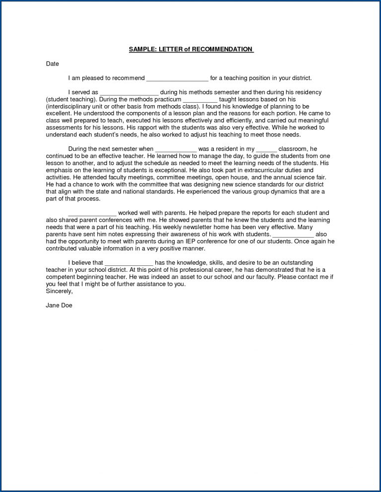 Letter Of Recommendation For Student From Teacher Example | Templateral