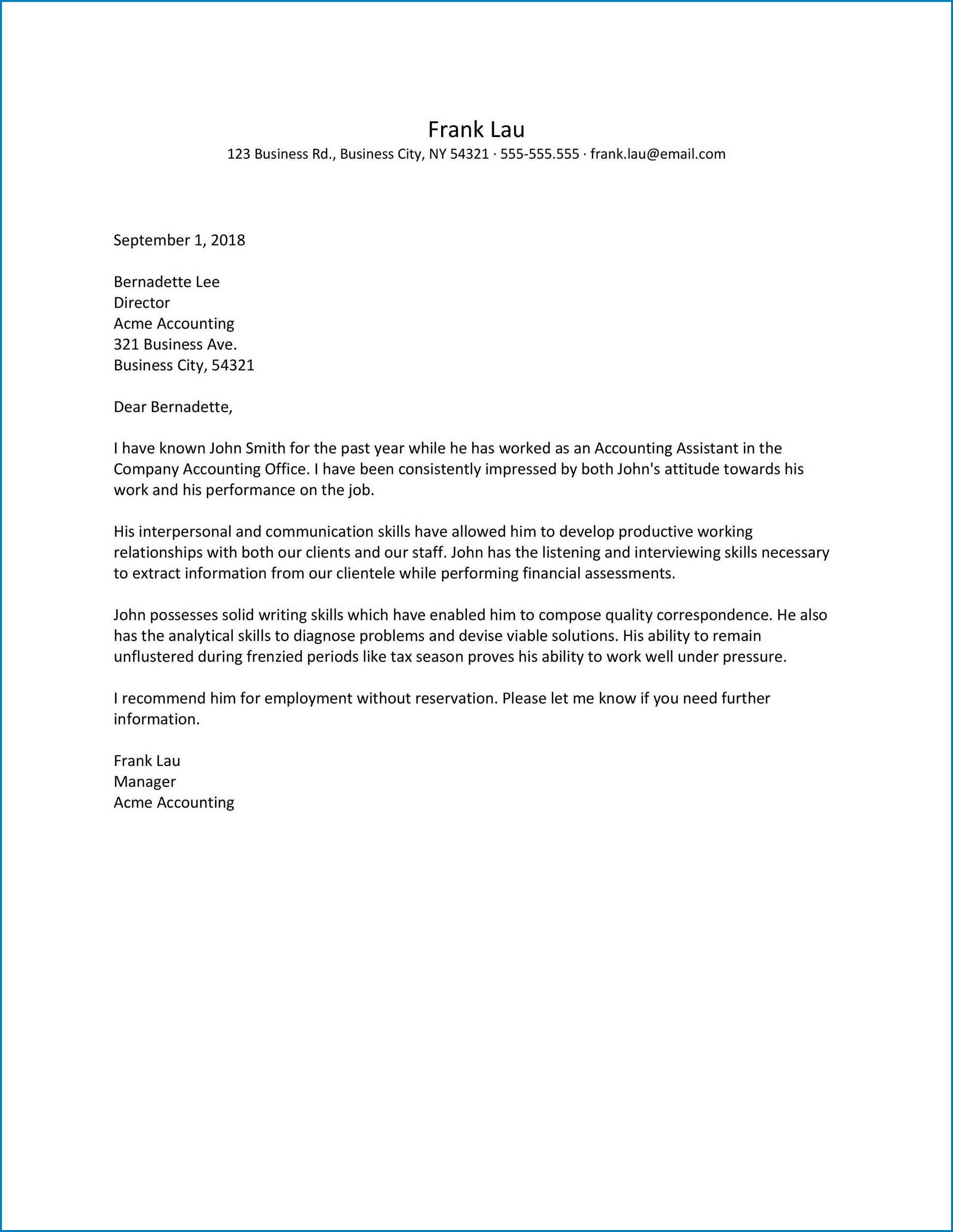 Letter Of Recommendation Work Example