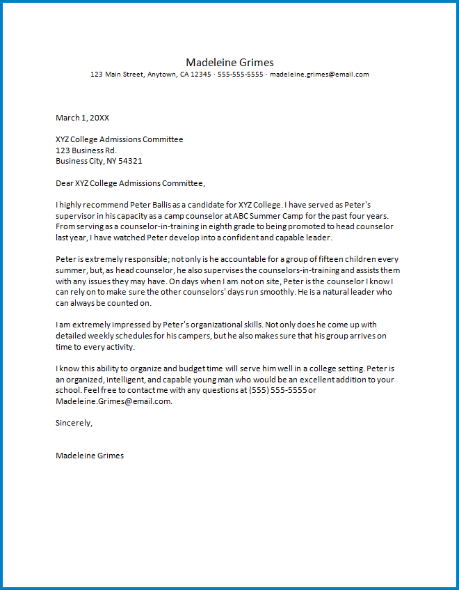 Free Printable Letter of Recommendation for College Template