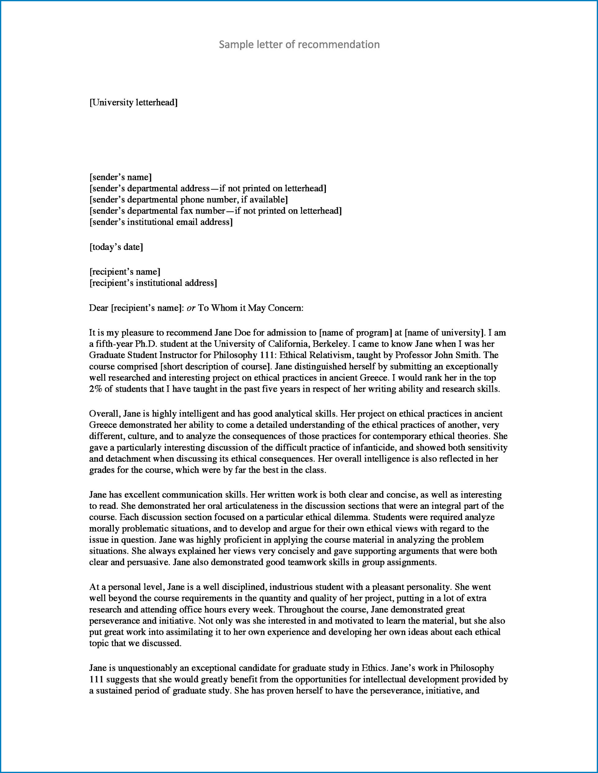 Letterhead For Letter Of Recommendation Example