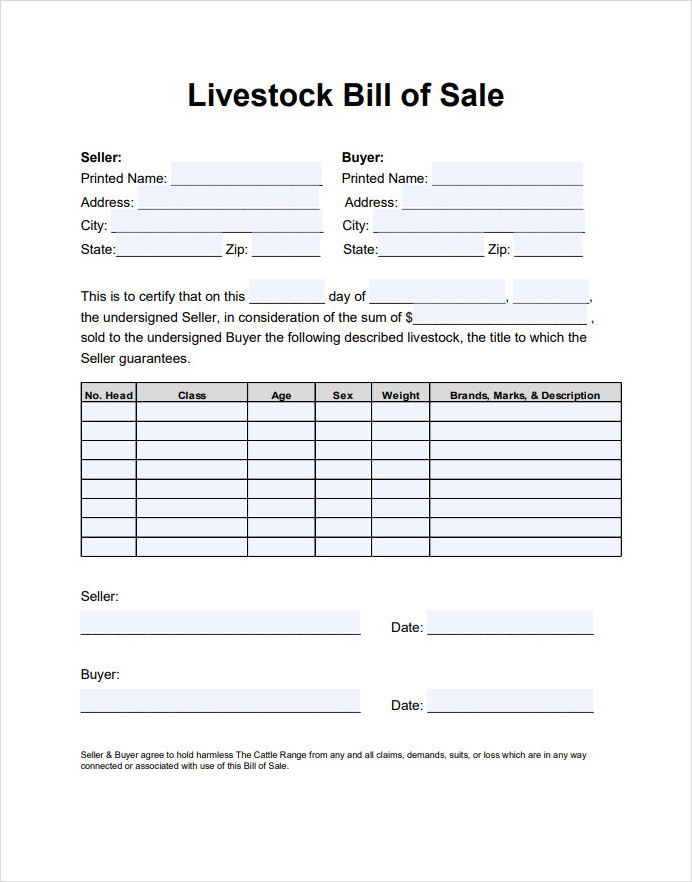 Livestock Bill Of Sale Printable