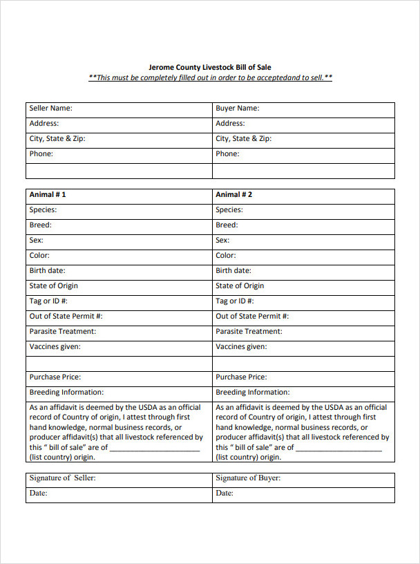 Livestock Bill of Sale Form