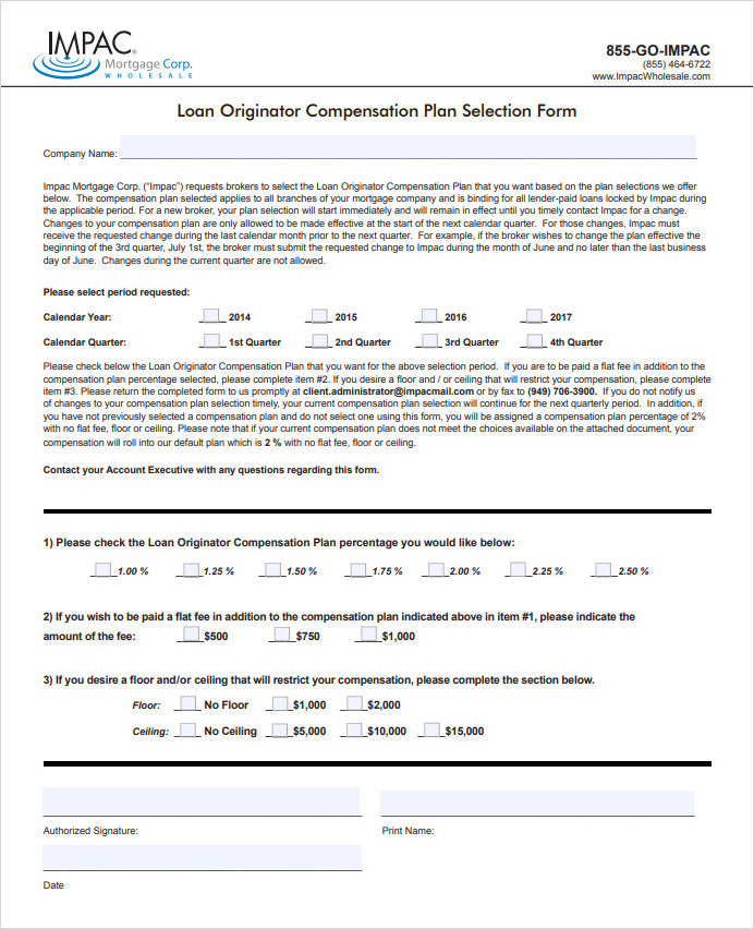 Loan Originator Compensation Plan Form