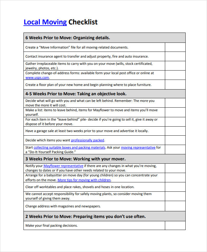 Local Moving Checklist Template