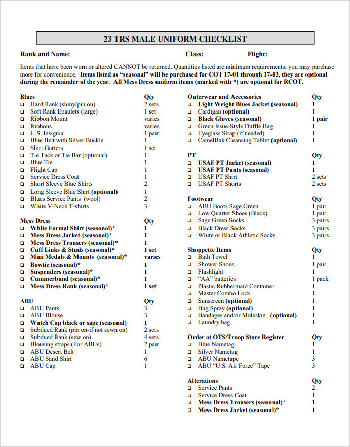 Male Uniform Checklist Template