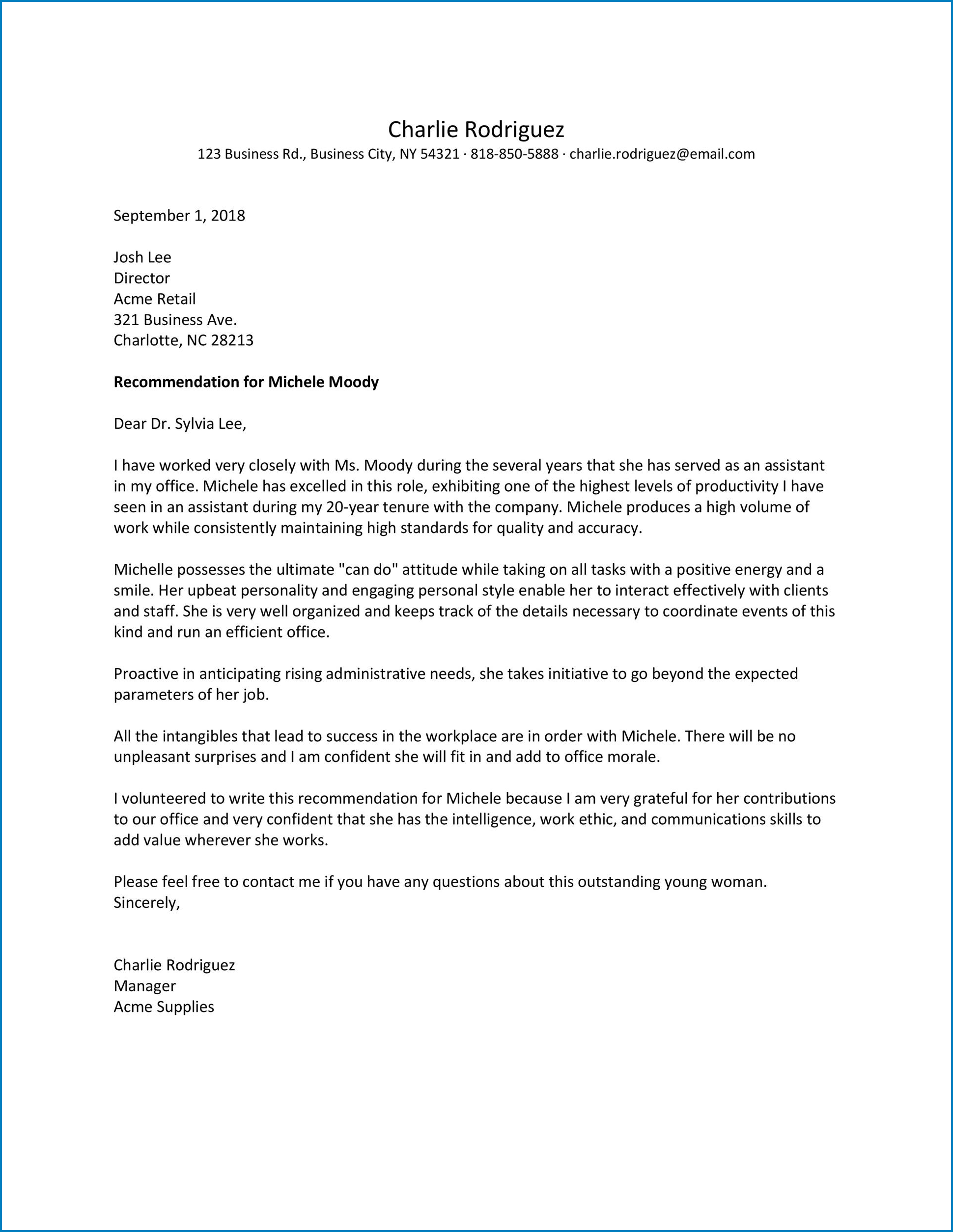 Manager Letter Of Recommendation Template Sample