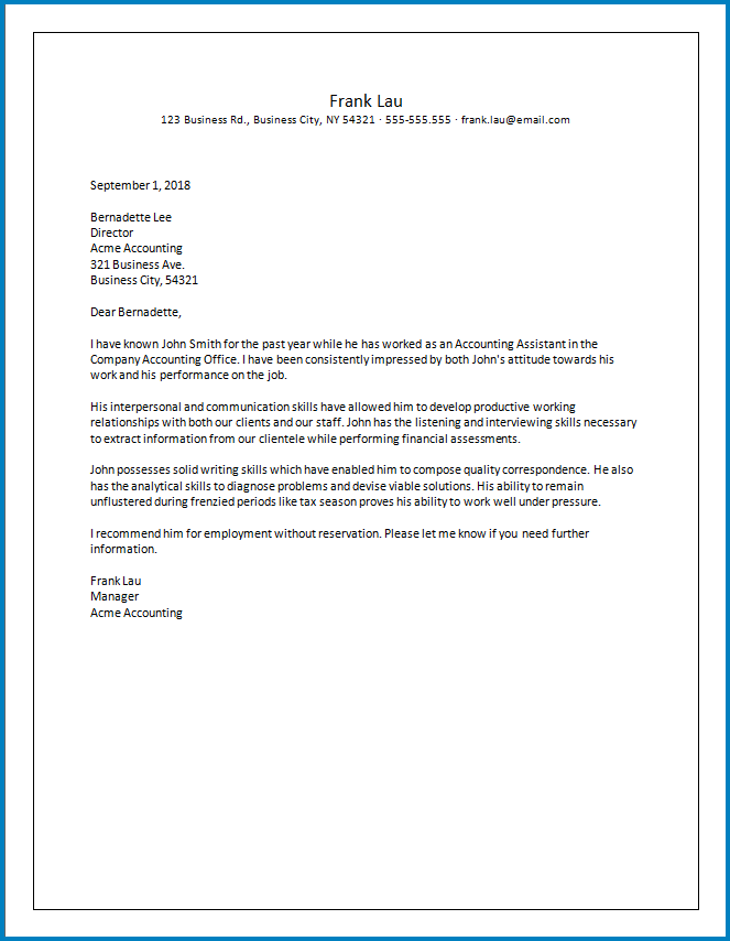 Manager Letter Of Recommendation Template