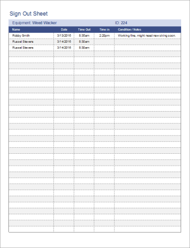 Material Sign out Sheet Template Sample | Templateral