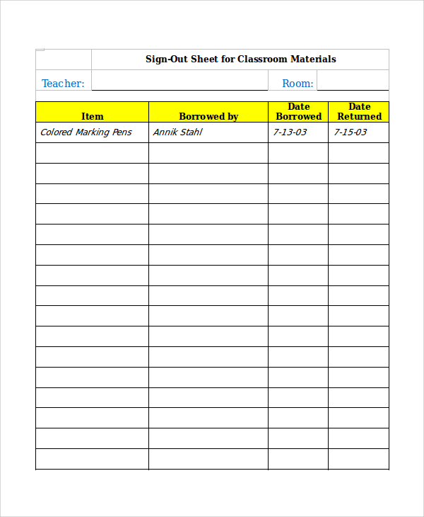 Material Sign out Sheet Template