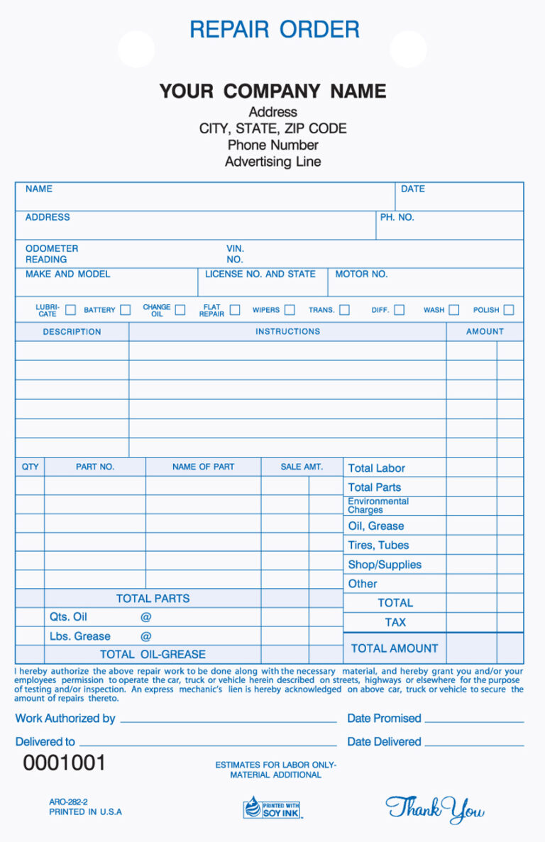 Printable Automotive Repair Receipts Infocap Ltd for Mechanic Shop Invoice Templates