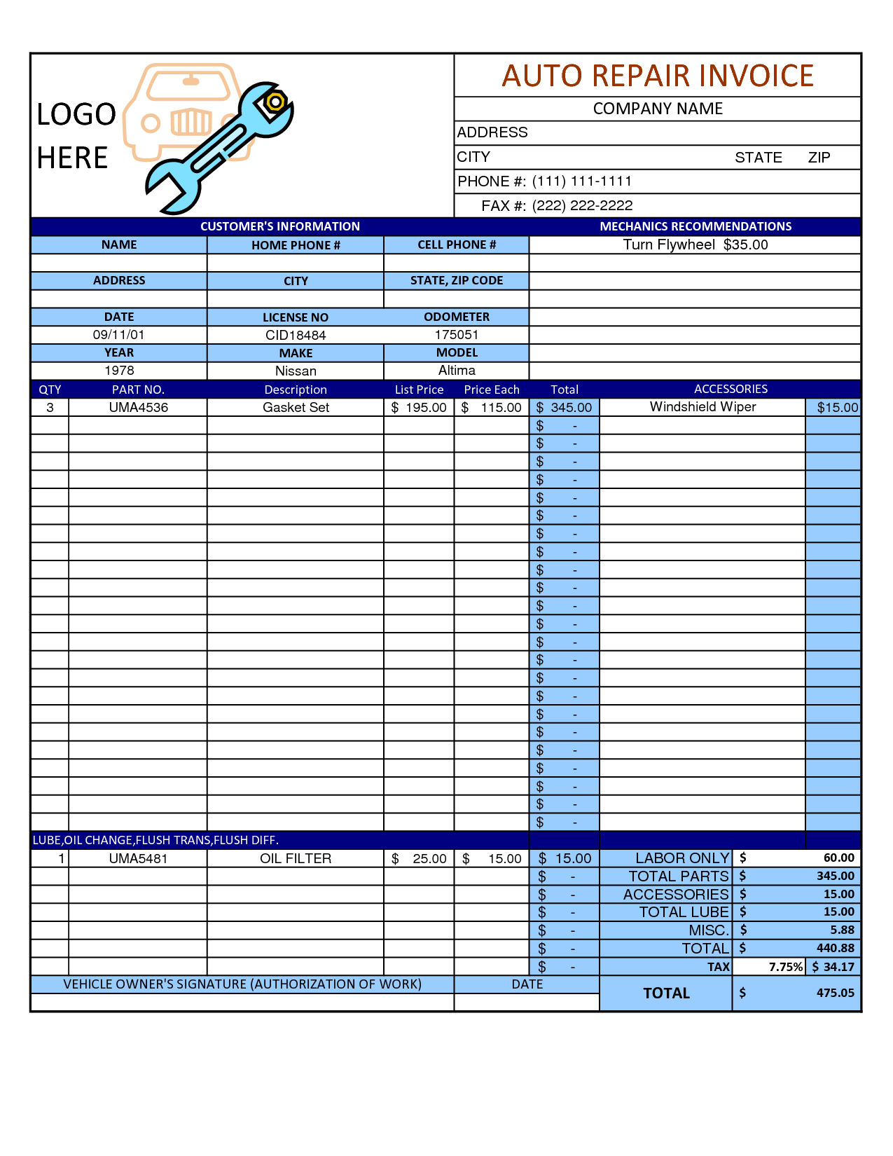 Mechanic Shop Receipt Template