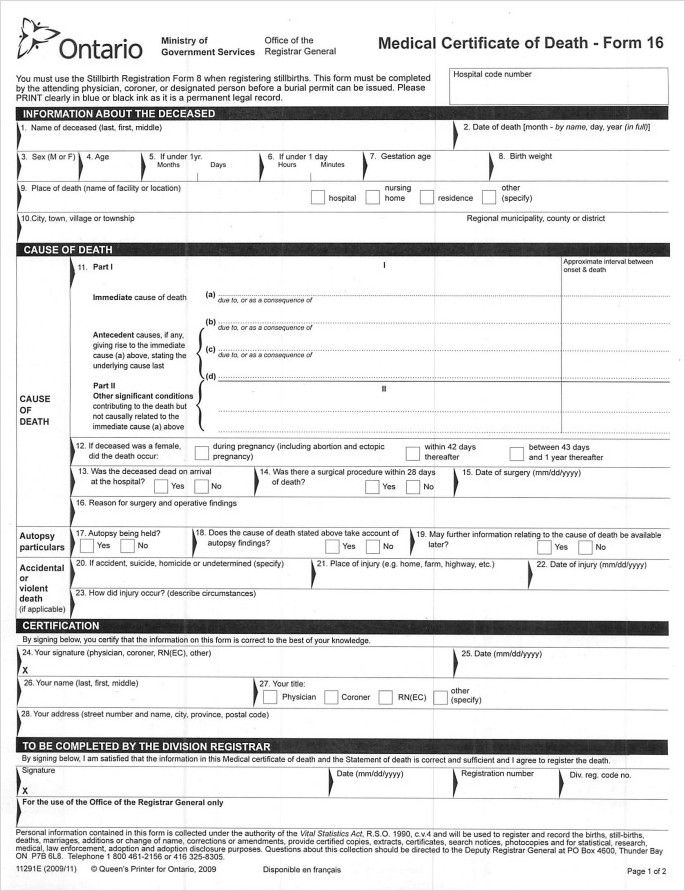 Medical Certificate of Death Form