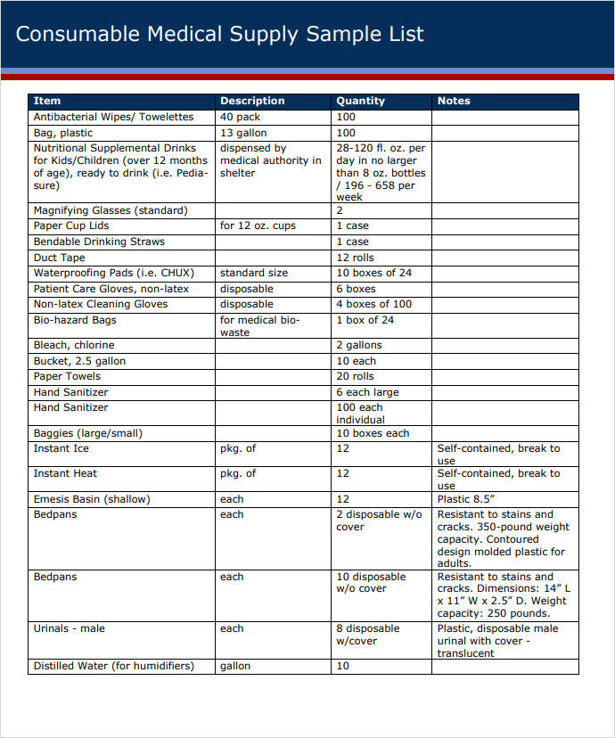 Medical Supply List Template