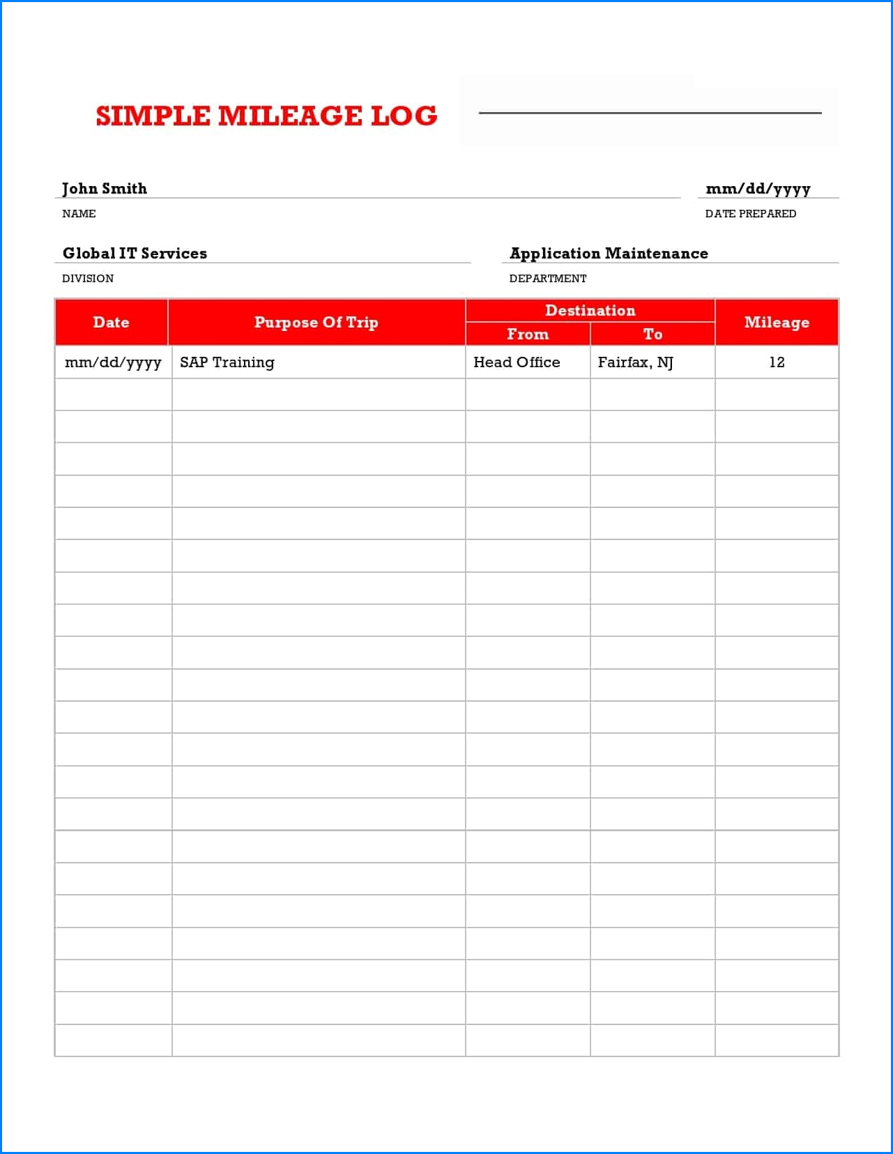 Mileage Log Template Example