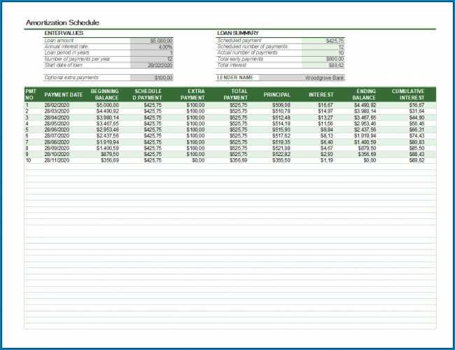 Monthly Amortization Schedule Template