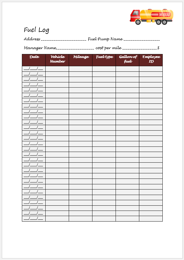 Monthly Fuel Consumption Worksheet Template Sample