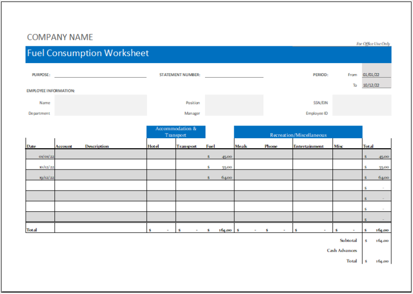 Monthly Fuel Consumption Worksheet Template