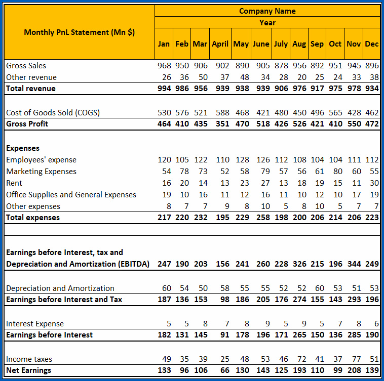 Monthly Profit And Loss Template Excel Sample