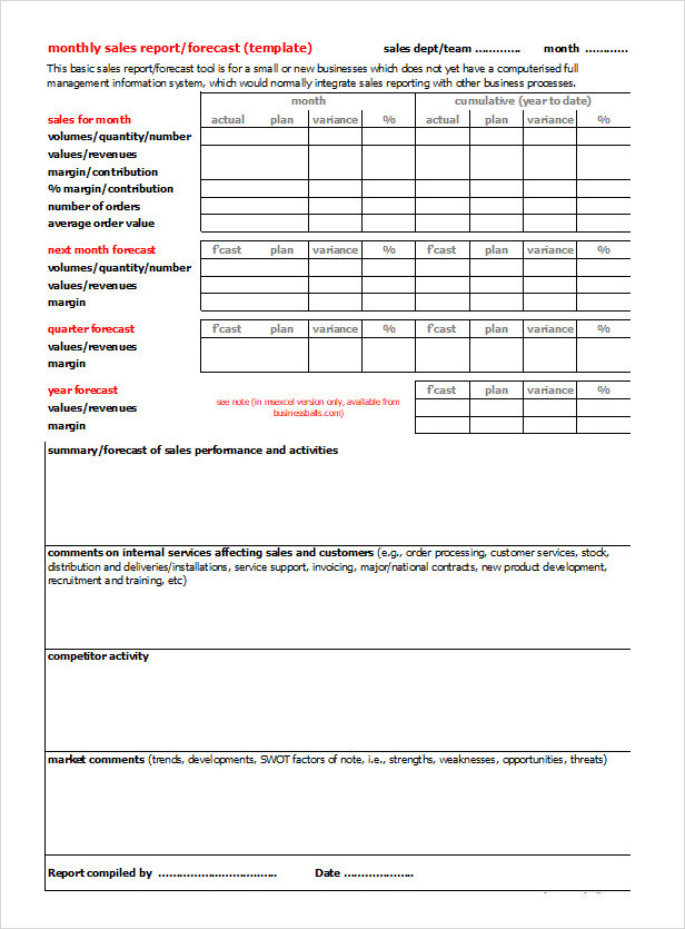 Monthly Sales Call Report Template