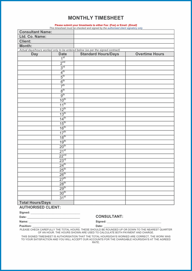 Monthly Timesheet Template Excel Example