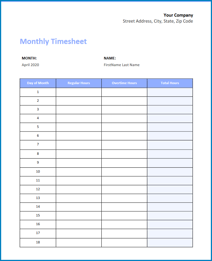 Monthly Timesheet Template Excel Sample