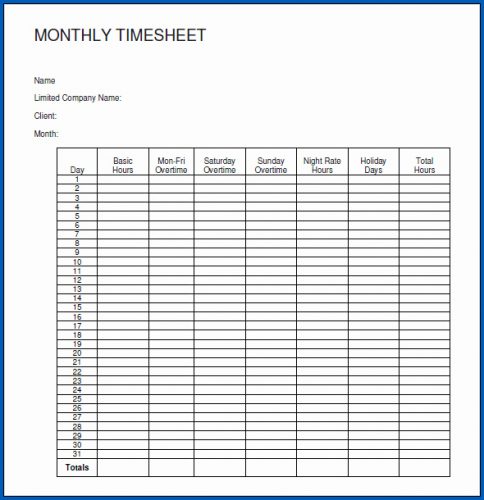 √ Free Printable Monthly Timesheet Template Word