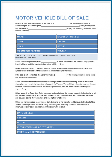 free printable motor vehicle bill of sale template templateral