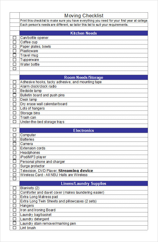 Moving House Checklist Excel Template