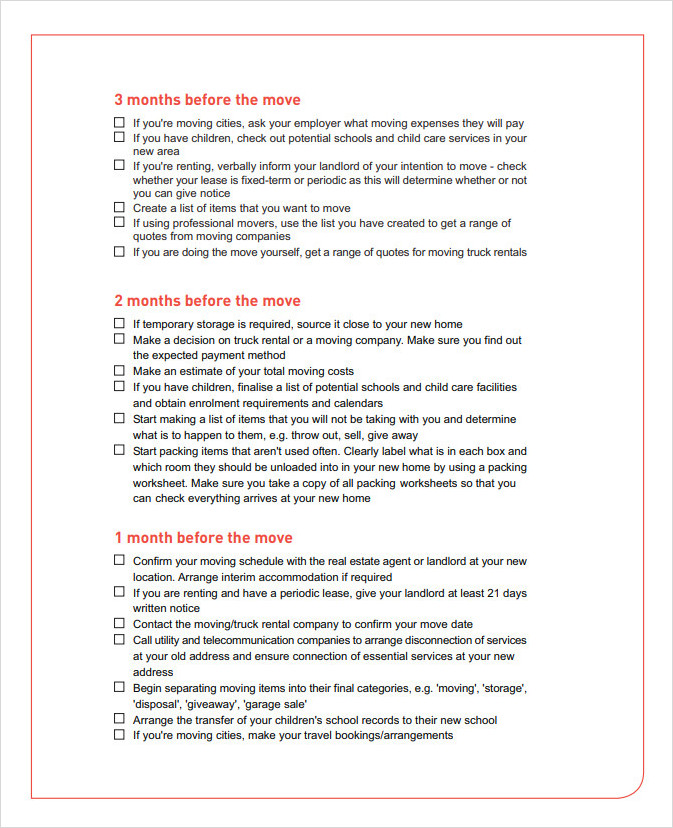Moving Schedule Checklist Template
