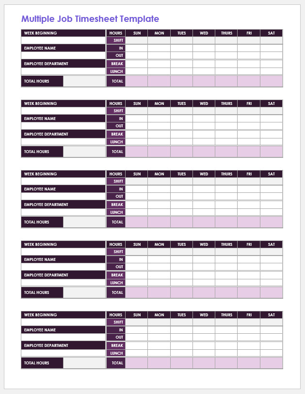 Free Printable Multiple Job Timesheet Template