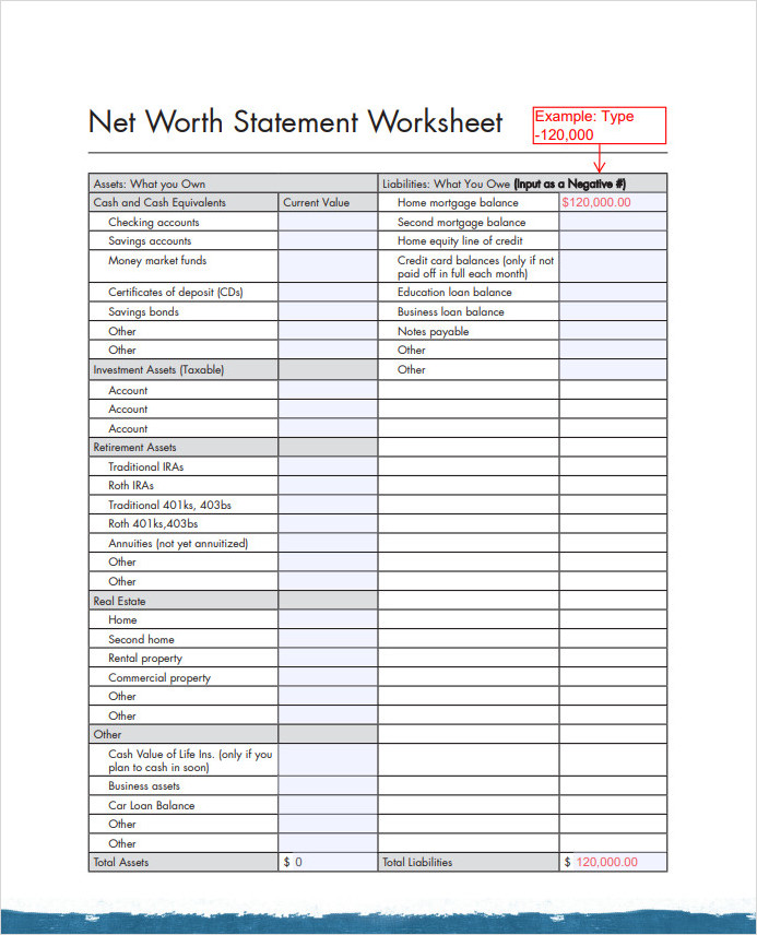 Net Worth Statement Worksheet Template