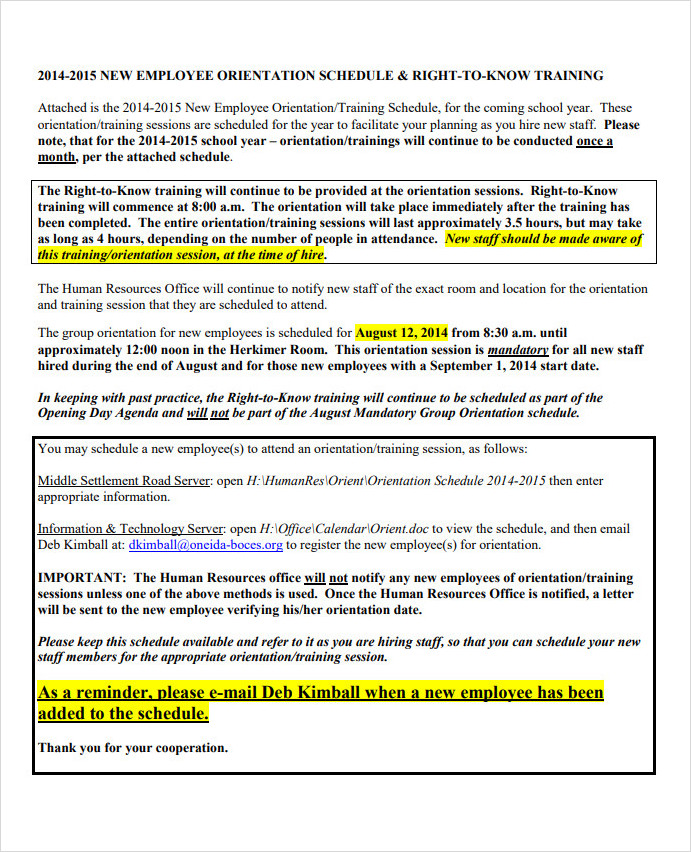 New Employee Orientation Training Schedule Template