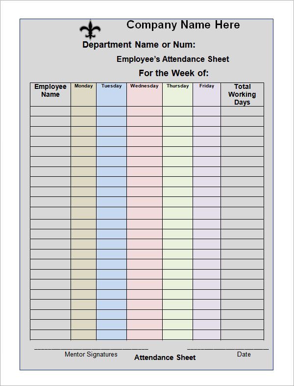 Office Staff Attendance Sheet Template Sample