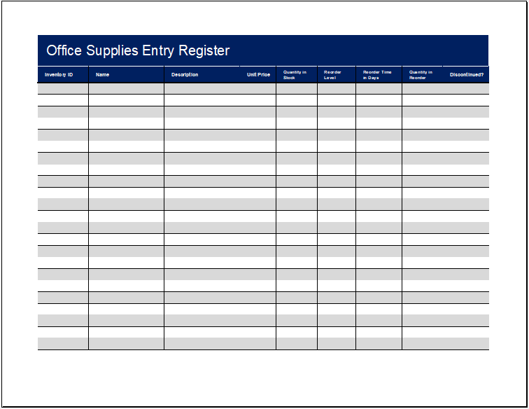 Office Supplies Entry Worksheet Template