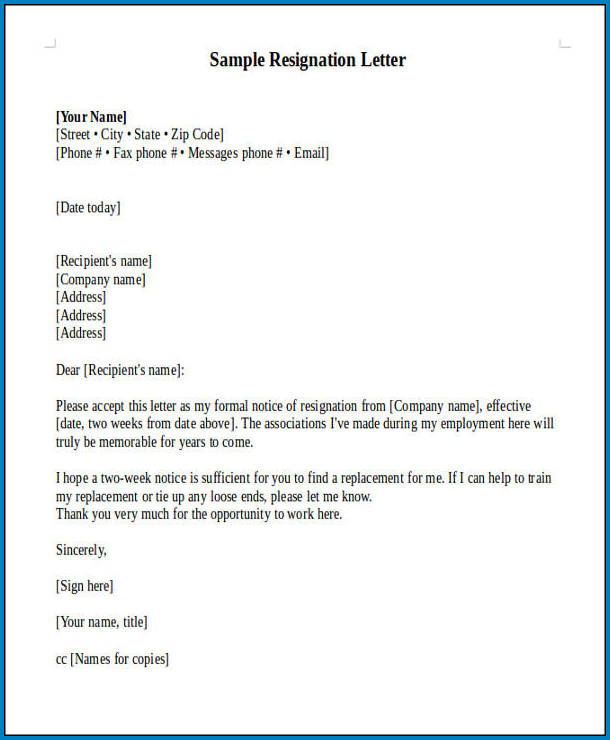 Official Letter Of Resignation Template Example