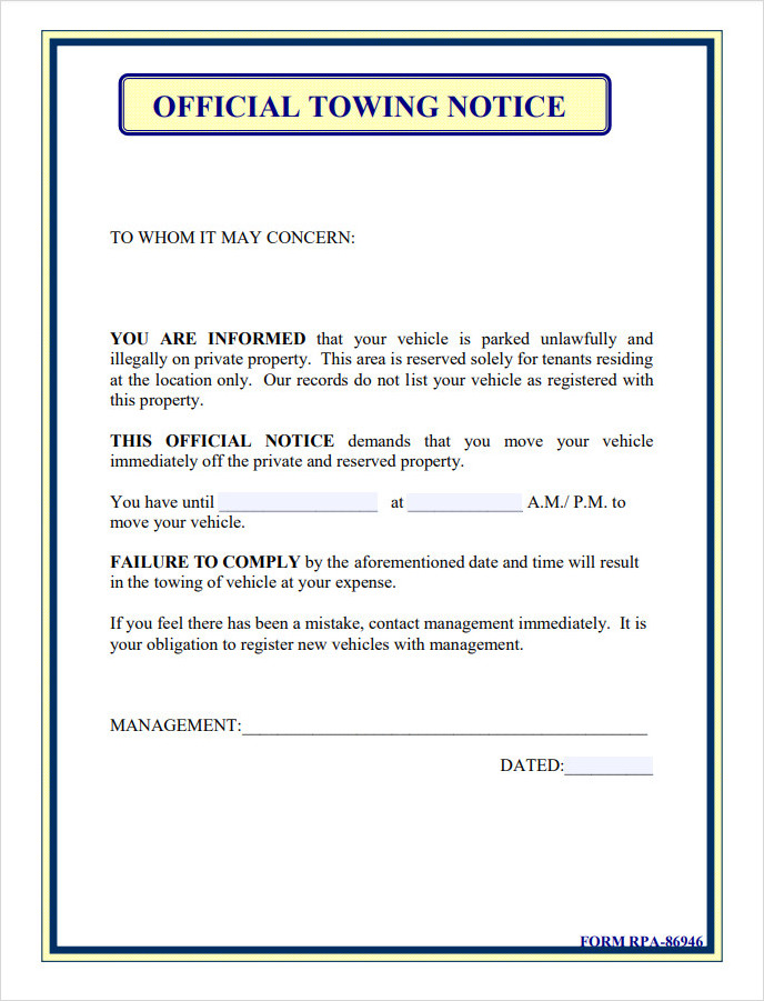 Official Towing Nocie Template