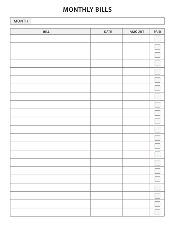 One Year Bill Organizer Worksheet Template Sample