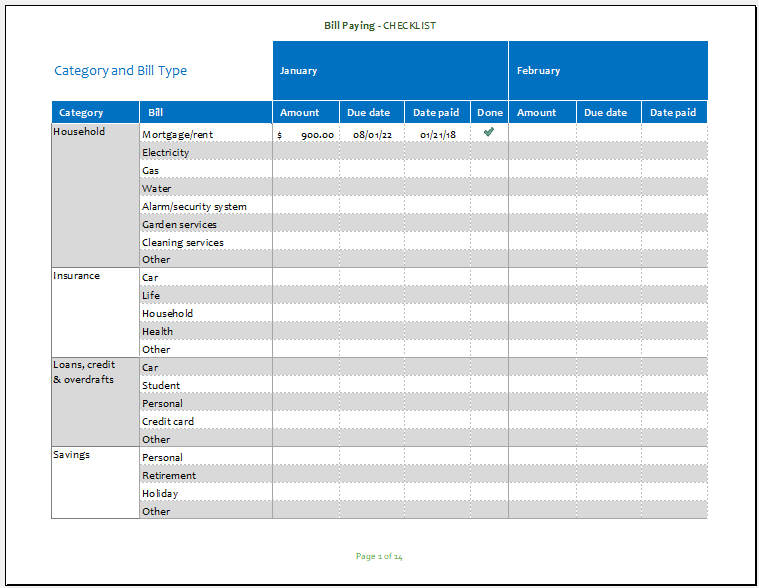 One Year Bill Organizer Worksheet Template