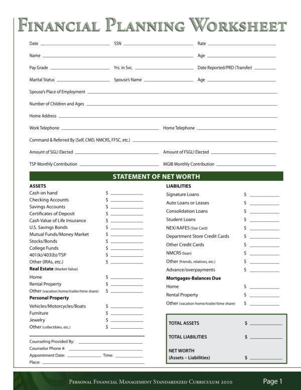 One year Financial Planning Worksheet Template